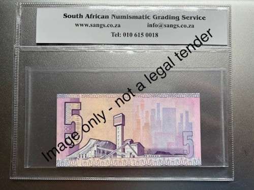 R5 RSA NOTE - `B1` VERY RARE - no security strip. Catalogue Value R1500 per note. SANGS Graded UNC64