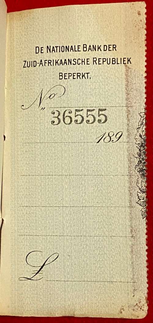 De Nationale Bank Der Zuid-Afrikaansche Republiek Beperkt. - Cheque Book Stub dating back 1890s
