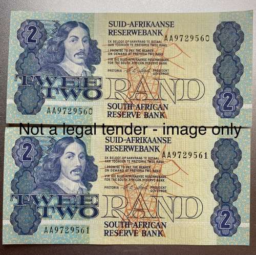 R2 South Africa Bank Note - Governor CL Stals - AA series and Sequential Serial Numbers