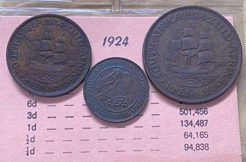 1924 Union of South Africa Pennies Set - 1D, 1/2D and 1/4D. All Low Mintage Coins