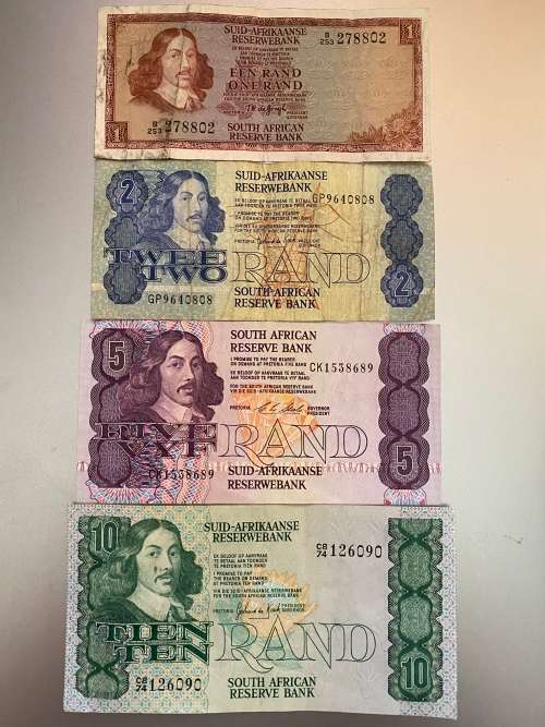 South Africa Bank Notes - R10, R5, R2 and R1 notes. Circulated condition.