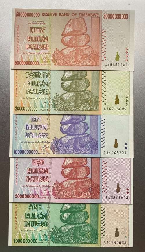 ZIMBABWE BILLION DOLLAR NOTES SET - Including $1, $5, $10, $20 & $50 Billion Dollar UNC notes