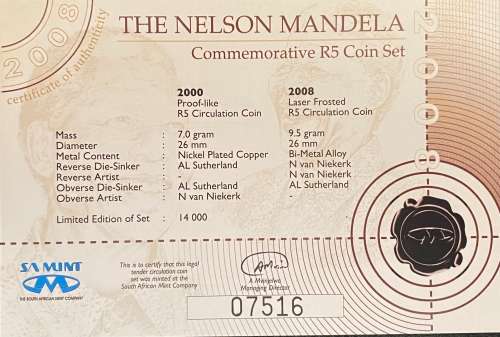 2000 & 2008 - The Nelson Mandela Commemorative R5 coin set in SAM Box