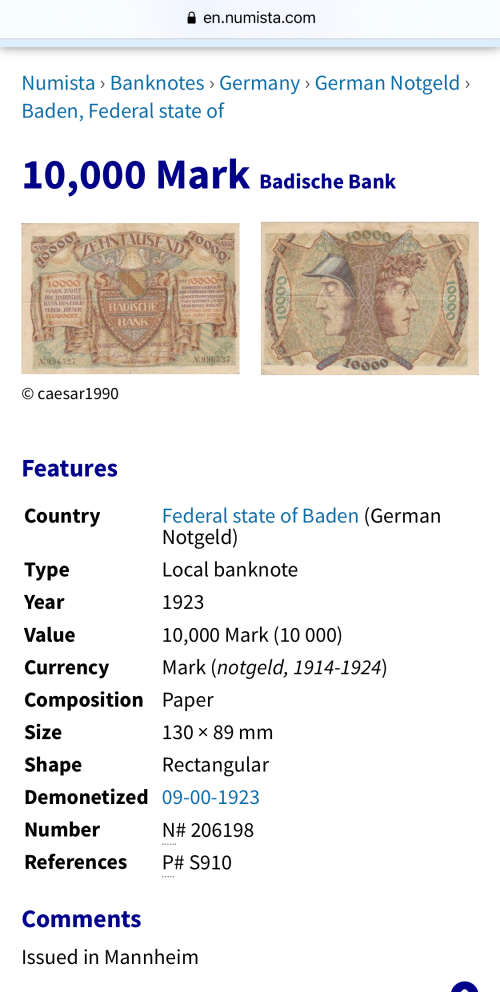 German Notgeld  Baden, Federal state of10,000 Mark Badische Bank
