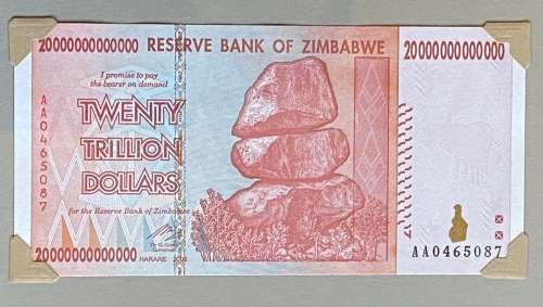 Zimbabwes 4 largest denomination Bank Notes - $100, $50, $20 & $10 Trillion Dollar notes