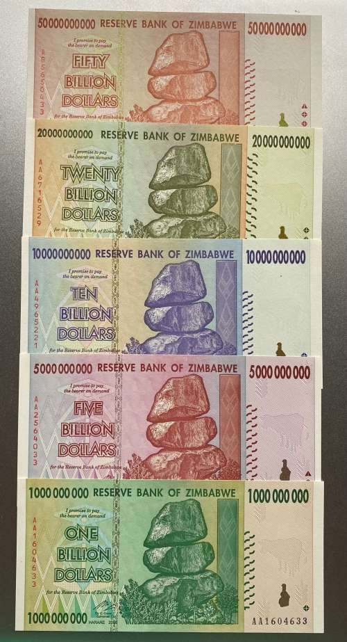 ZIMBABWE BILLION DOLLAR NOTES SET - Including $1, $5, $10, $20 & $50 Billion Dollar UNC notes