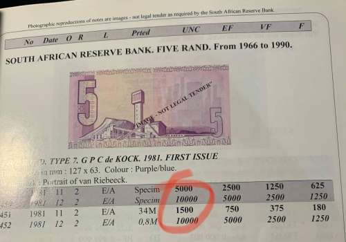 R5 RSA NOTE - `B1` VERY RARE - no security strip. Catalogue Value R1500 per note. SANGS Graded UNC64