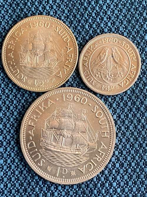 1960 Full set of Union of South Africa Pennies. Set includes the 1D, 1/2D and 1/4D. UNCIRCULATED