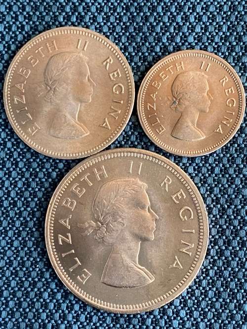 1960 Full set of Union of South Africa Pennies. Set includes the 1D, 1/2D and 1/4D. UNCIRCULATED