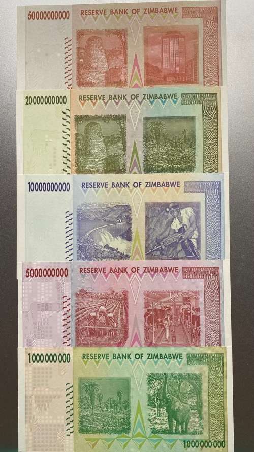 ZIMBABWE BILLION DOLLAR NOTES SET - Including $1, $5, $10, $20 & $50 Billion Dollar UNC notes