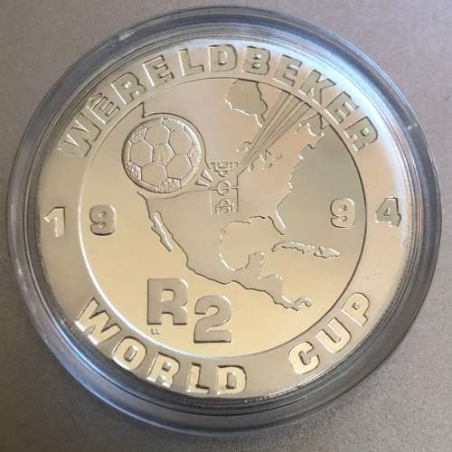 1994 R2 - 1oz silver Proof coin - Soccer World Cup - Encapsulated And In SAM Box