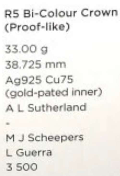 2021 SARB Centenary Crown(33.00 gram) Proof R5 with Gold-Plated centre. Limited Mintage - ONLY 3,500