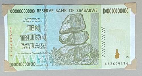 Zimbabwes 4 largest denomination Bank Notes - $100, $50, $20 & $10 Trillion Dollar notes
