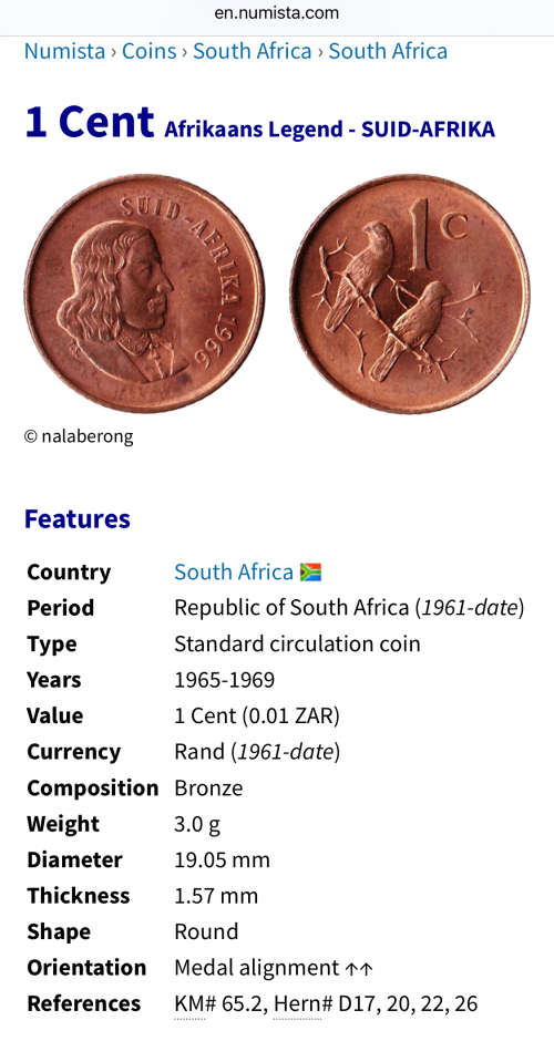 *****1965 AFRIKAANS 1 CENT***** Very Rare coin. Limited Mintage of only 846 coins!