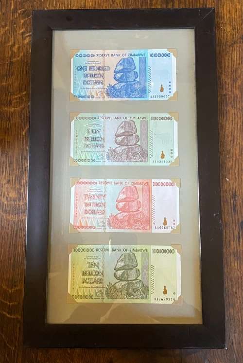Zimbabwes 4 largest denomination Bank Notes - $100, $50, $20 & $10 Trillion Dollar notes
