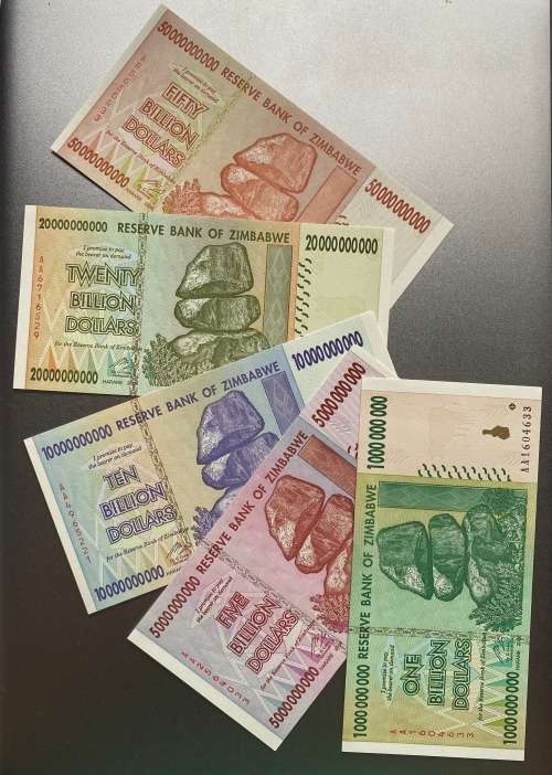 ZIMBABWE BILLION DOLLAR NOTES SET - Including $1, $5, $10, $20 & $50 Billion Dollar UNC notes