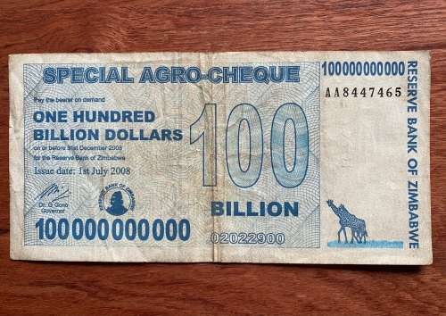 Zimbabwe $100 BILLION SPECIAL AGRO-CHEQUE - Issued 2008 - Governor Dr G. Gono