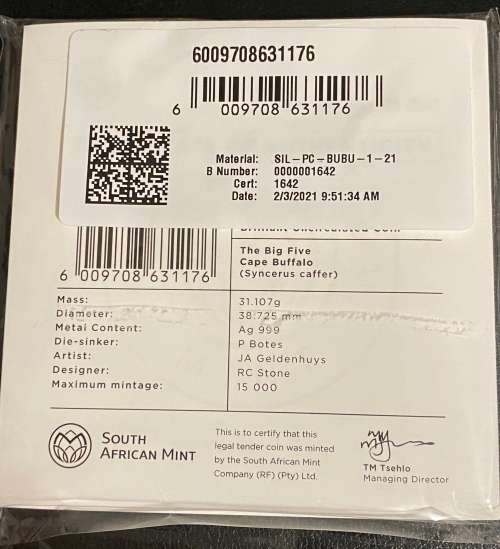 ***The Big 5 `Buffalo` 2021, R5 One Ounce Fine Silver. Limited Mintage 15000 in original packaging**