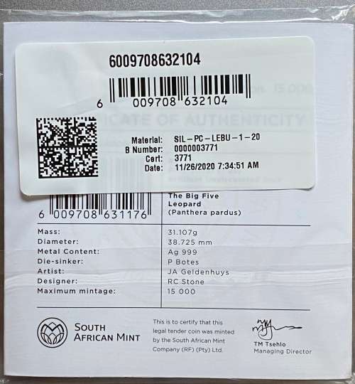 *** The Big Five `Leopard` R5 1 oz Silver Coin. Limited Mintage of 15,000. ***