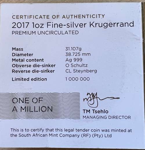 2017 Silver Krugerrand. 1st Year Of Issue And Limited Mintage 1 Million