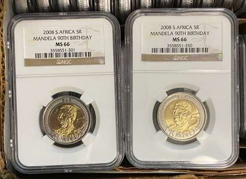 2008 RSA R5, NELSON MANDELA 90th Birthday - BOX of 50 NGC Graded MS66 coins with sequential numbers