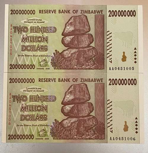 $200 Million Dollars Zimbabwe Bank Notes, 2008 Harare. Two UNC AA Series notes In Sequence