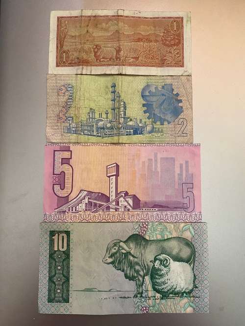 South Africa Bank Notes - R10, R5, R2 and R1 notes. Circulated condition.