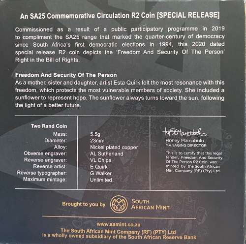 SA25 Commemorative Circulation R2 coin - SPECIAL RELEASE 2020. Limited Mintage 5000