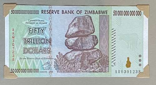 Zimbabwes 4 largest denomination Bank Notes - $100, $50, $20 & $10 Trillion Dollar notes