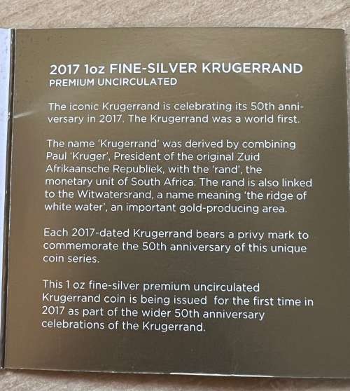 2017 Silver Krugerrand. 1st Year Of Issue And Limited Mintage 1 Million