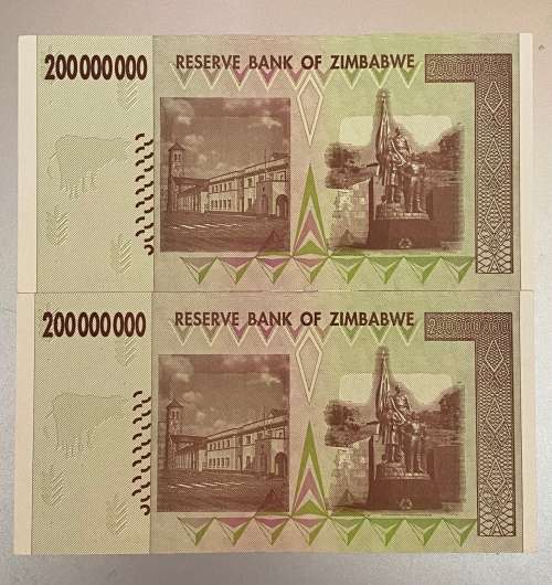 $200 Million Dollars Zimbabwe Bank Notes, 2008 Harare. Two UNC AA Series notes In Sequence