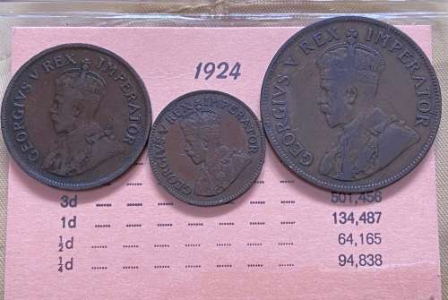 1924 Union of South Africa Pennies Set - 1D, 1/2D and 1/4D. All Low Mintage Coins