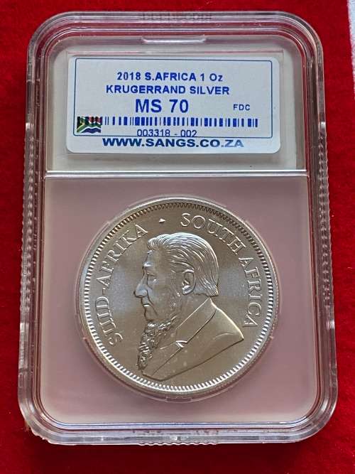 2018 1 OZ Silver Krugerrand. Graded by SANGS MS70