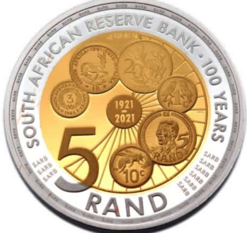 2021 SARB Centenary Crown(33.00 gram) Proof R5 with Gold-Plated centre. Limited Mintage - ONLY 3,500