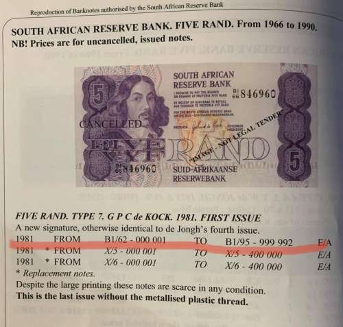 R5 RSA NOTE - `B1` VERY RARE - no security strip. Catalogue Value R1500 per note. SANGS Graded UNC64