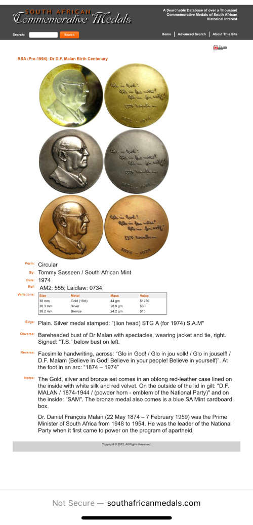 DF Malan Bronze Medal - 1874-1974 - `Glo in God, Glo in jou werk, Glo in jouself`