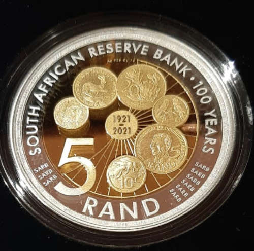 2021 SARB Centenary Crown(33.00 gram) Proof R5 with Gold-Plated centre. Limited Mintage - ONLY 3,500