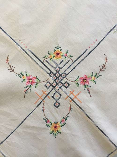 Vintage embroidered linen tablecloth