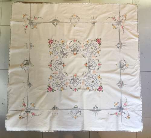 Vintage embroidered linen tablecloth