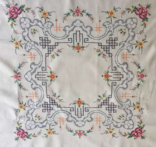 Vintage embroidered linen tablecloth