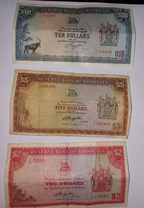 3x Rhodesian Dollar notes , 2, 5 and 10 Dollar note