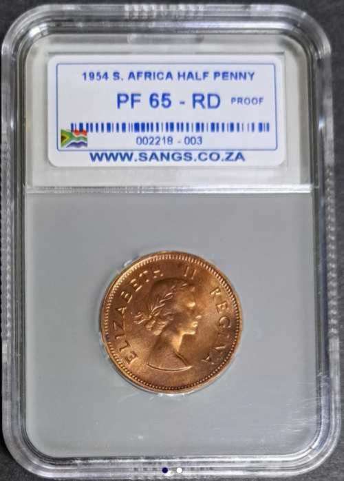 LOW START.!!! SA 1954  HALF-PENNY GRADED  PF 65 RD ) RARE DATE.LOW-MINT. SCARES COIN.PROOF COIN
