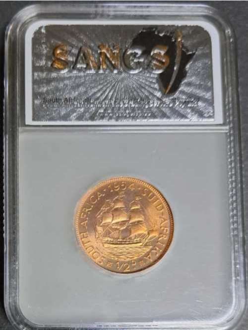 LOW START.!!! SA 1954  HALF-PENNY GRADED  PF 65 RD ) RARE DATE.LOW-MINT. SCARES COIN.PROOF COIN
