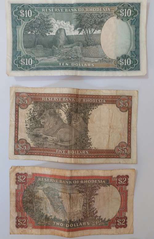 3x Rhodesian Dollar notes , 2, 5 and 10 Dollar notes