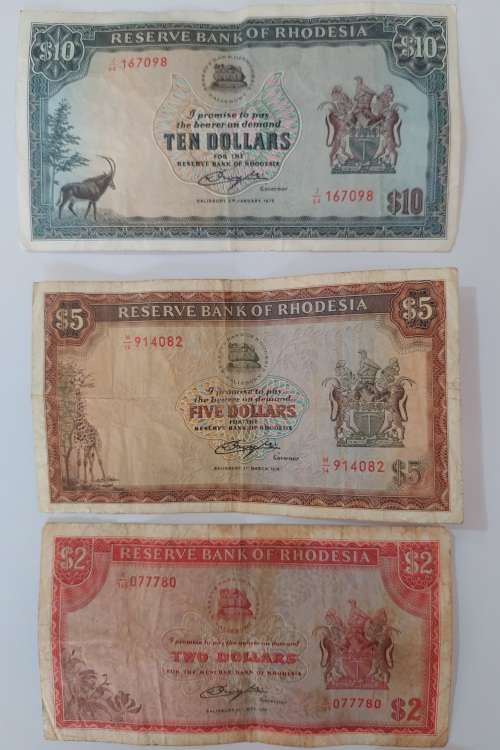 3x Rhodesian Dollar notes , 2, 5 and 10 Dollar notes