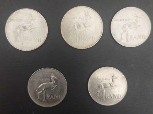5 x 1 Rand coins , 1966,1967,1977,1979,1980