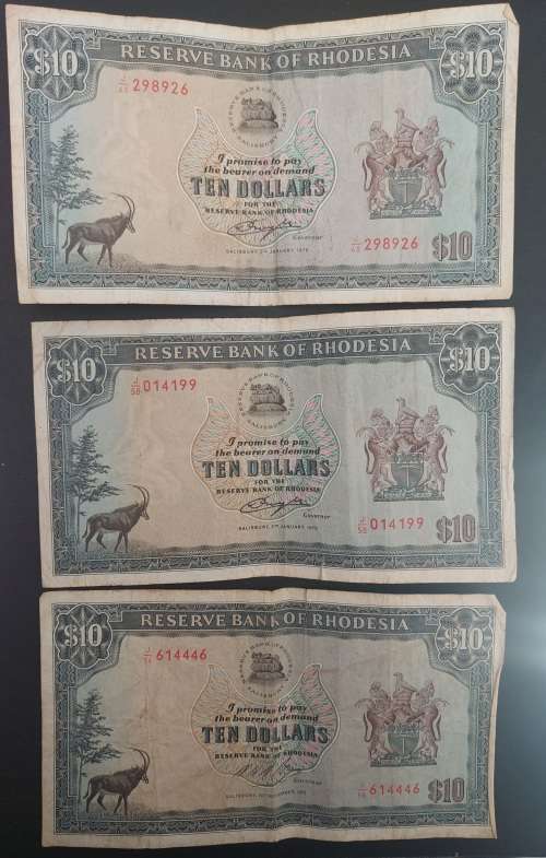 L@@K!!! 3 x  10 Rhodesian Dollar notes