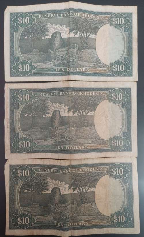 L@@K!!! 3 x  10 Rhodesian Dollar notes