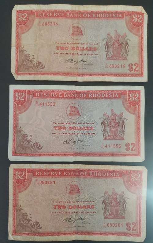 L@@K! 3 x  2 Rhodesian Dollar notes