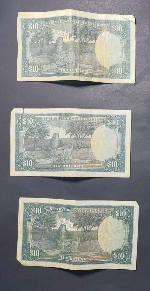 L@@K 3 x 10 Rhodesian Dollar notes 1Rand bids